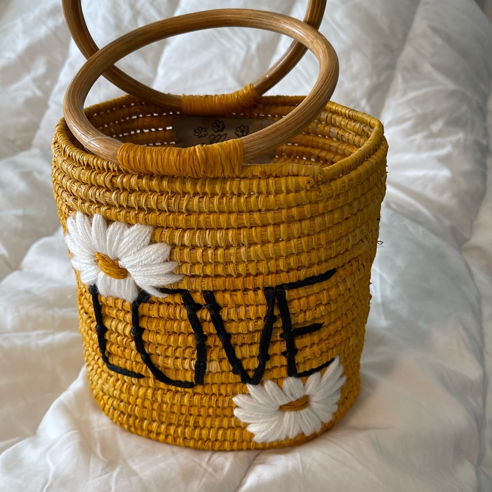 Yellow Woven LOVE Bag with Daisies